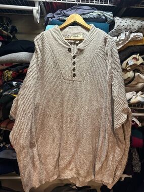 Vintage USA Made Eddie Bauer Beige Knit Henley Sweater Size XXL Tall